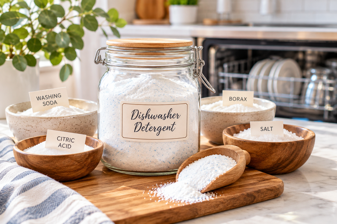 Homemade DIY dishwasher detergent powder in a glass jar with washing soda, borax, citric acid, and salt on a kitchen counter.