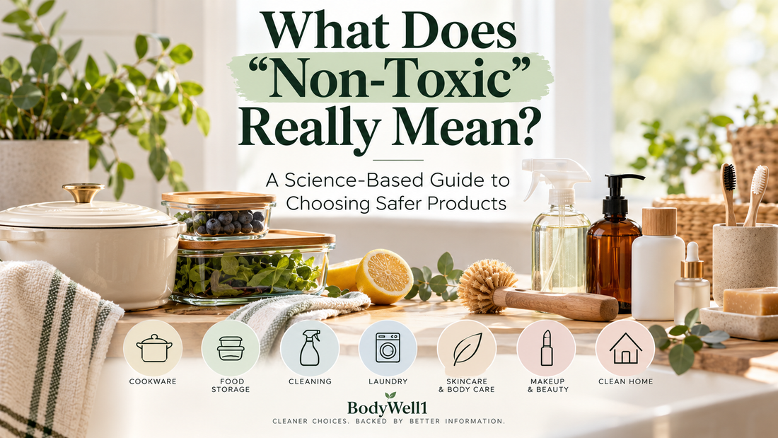 BodyWell1 science-based guide to what non-toxic means, featuring cleaner cookware, food storage, cleaning, laundry, skincare and beauty products.