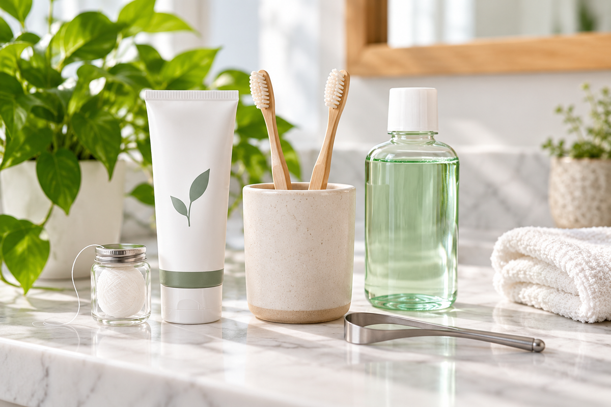 Clean oral care routine with bamboo toothbrushes, toothpaste, floss, mouthwash, and tongue scraper on a bright bathroom counter.