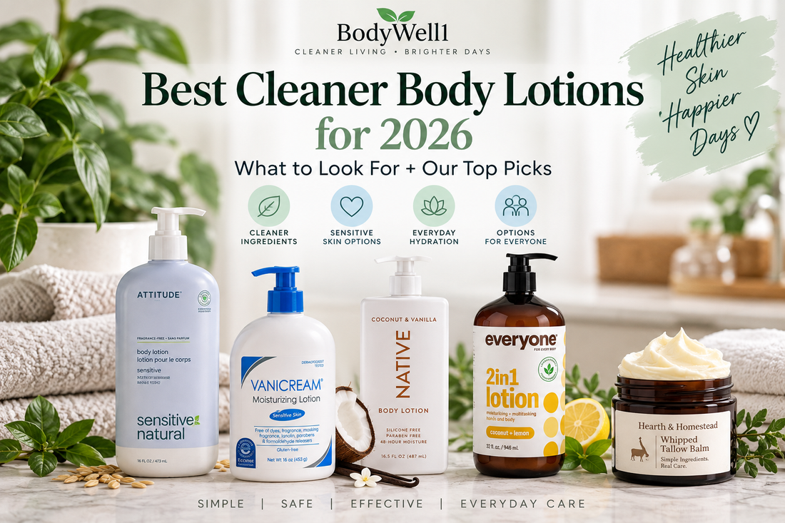 BodyWell1 graphic for Best Cleaner Body Lotions for 2026 featuring ATTITUDE, Vanicream, Native, Everyone 2-in-1 Lotion, and Hearth & Homestead Whipped Tallow Balm, with greenery and body-care accents.