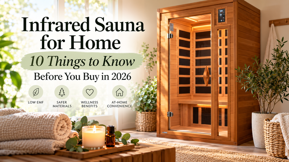 Infrared sauna for home guide banner: a wooden far infrared sauna cabin in a bright, plant-filled wellness room. Text reads Infrared Sauna for Home — 10 Things to Know Before You Buy in 2026.