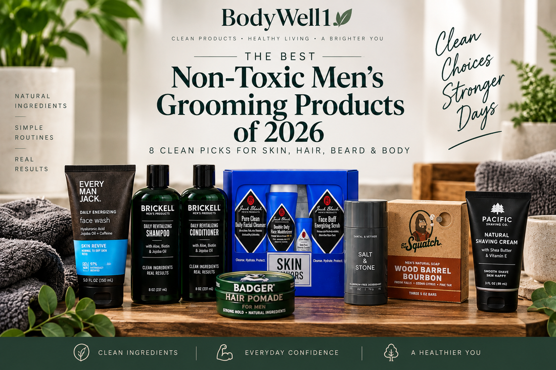 BodyWell1 guide to the best non-toxic men's grooming products of 2026, featuring clean picks for skin, hair, beard and body.