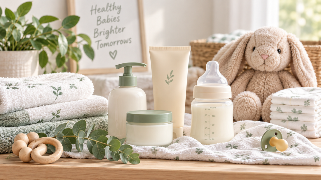 Clean baby care essentials with gentle skincare products, baby bottle, diapers, soft towels, wooden teether, and plush bunny in a neutral nursery setting.