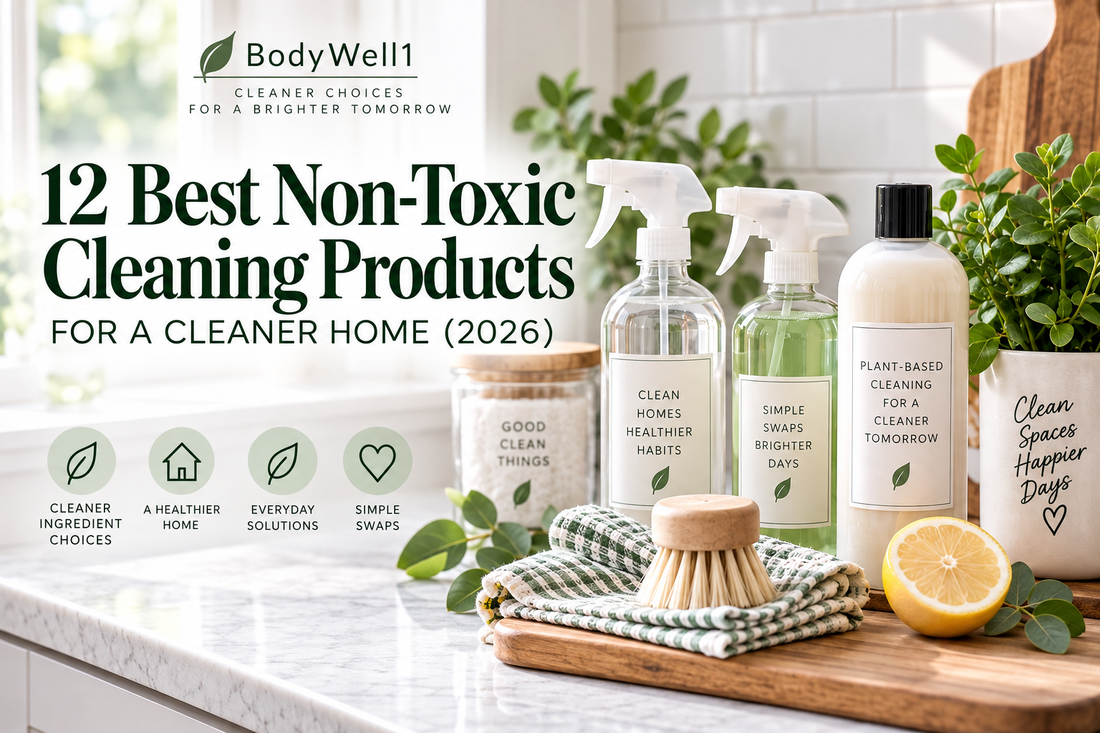 Non-toxic cleaning products with spray bottles, reusable cloths, scrub brush, lemon and plants in a bright kitchen.