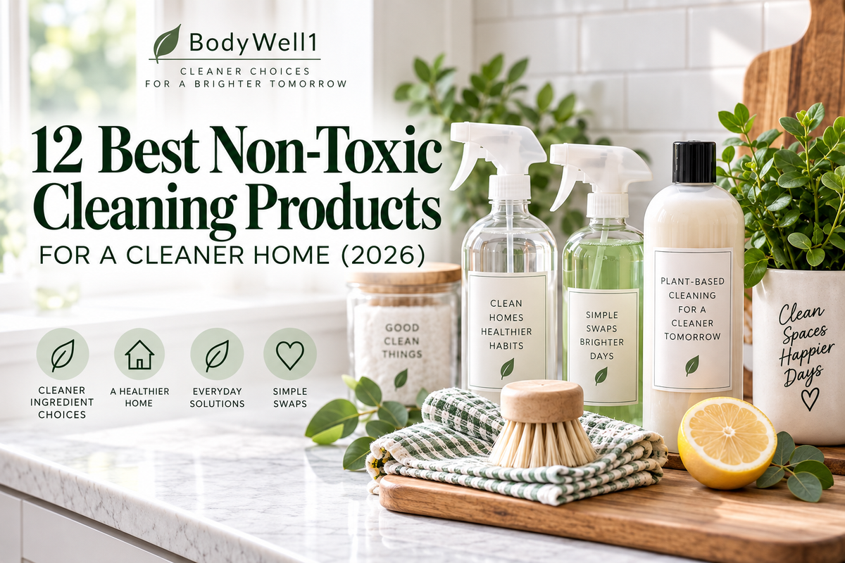 Non-toxic cleaning products with spray bottles, reusable cloths, scrub brush, lemon and plants in a bright kitchen.