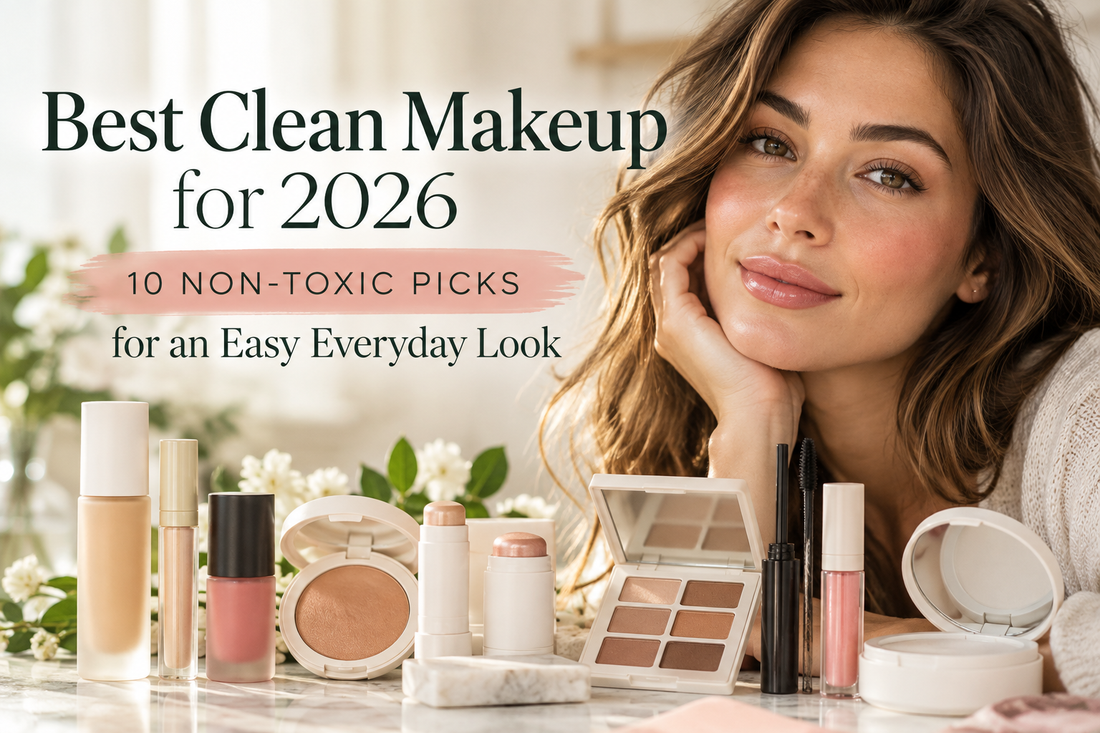Woman wearing natural-looking makeup beside clean beauty products including foundation, blush, bronzer, eyeshadow, mascara and lip gloss for BodyWell1’s best clean makeup picks for 2026.