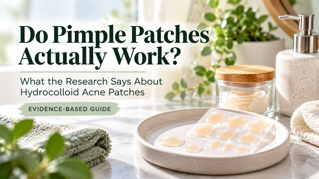Hydrocolloid pimple patches on a skincare tray with the title “Do Pimple Patches Actually Work?” and an evidence-based research guide.