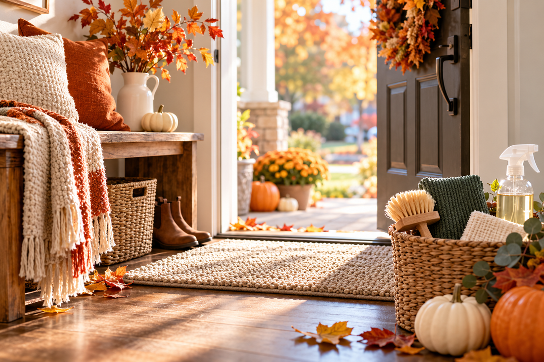 Cozy fall home entryway with a washable mat, cleaning basket, blankets, pumpkins, boots, and autumn leaves.