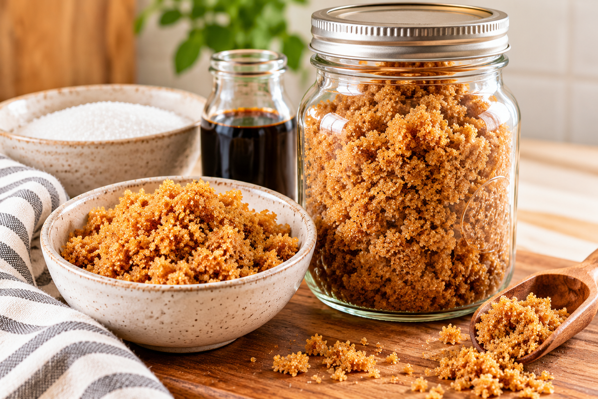 Homemade brown sugar in a glass mason jar and ceramic bowl, surrounded by white sugar, molasses, and a wooden spoon for an easy two-ingredient brown sugar recipe.