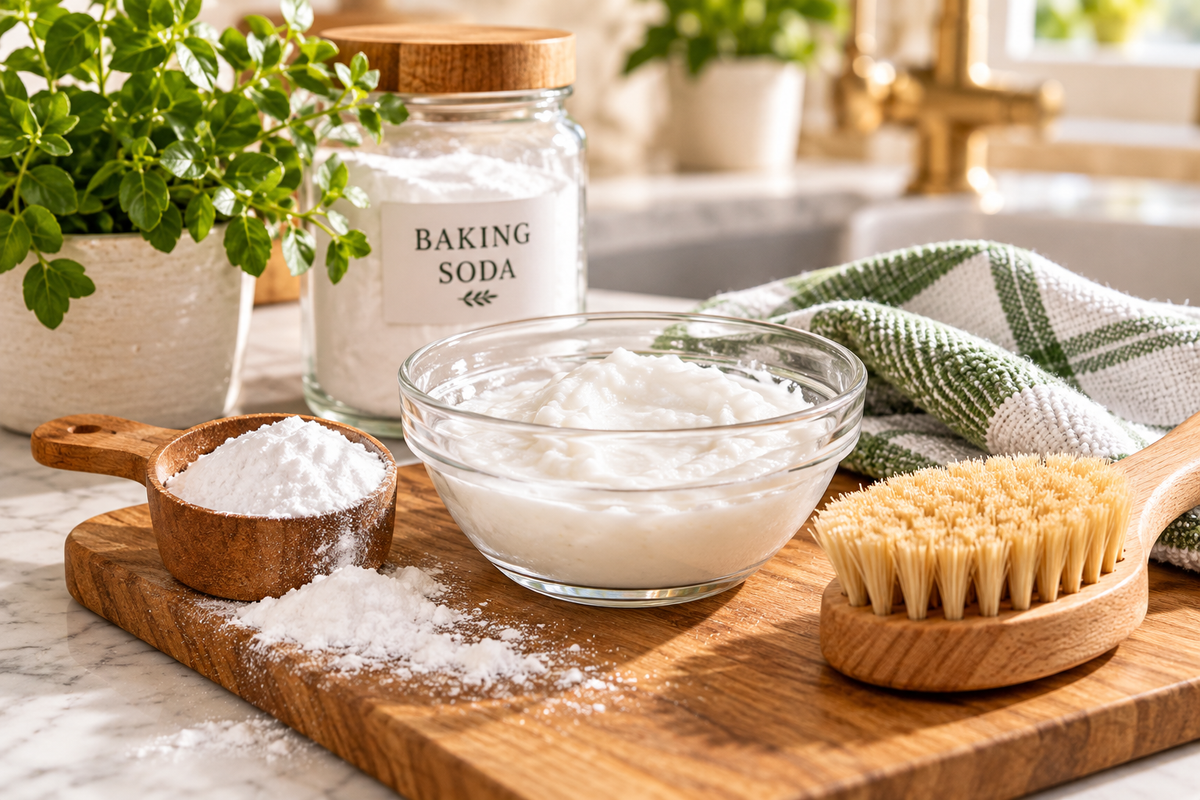 Homemade DIY baking soda cleaning paste in a glass bowl with baking soda, a wooden scrub brush, and a reusable cleaning cloth on a bright kitchen countertop.