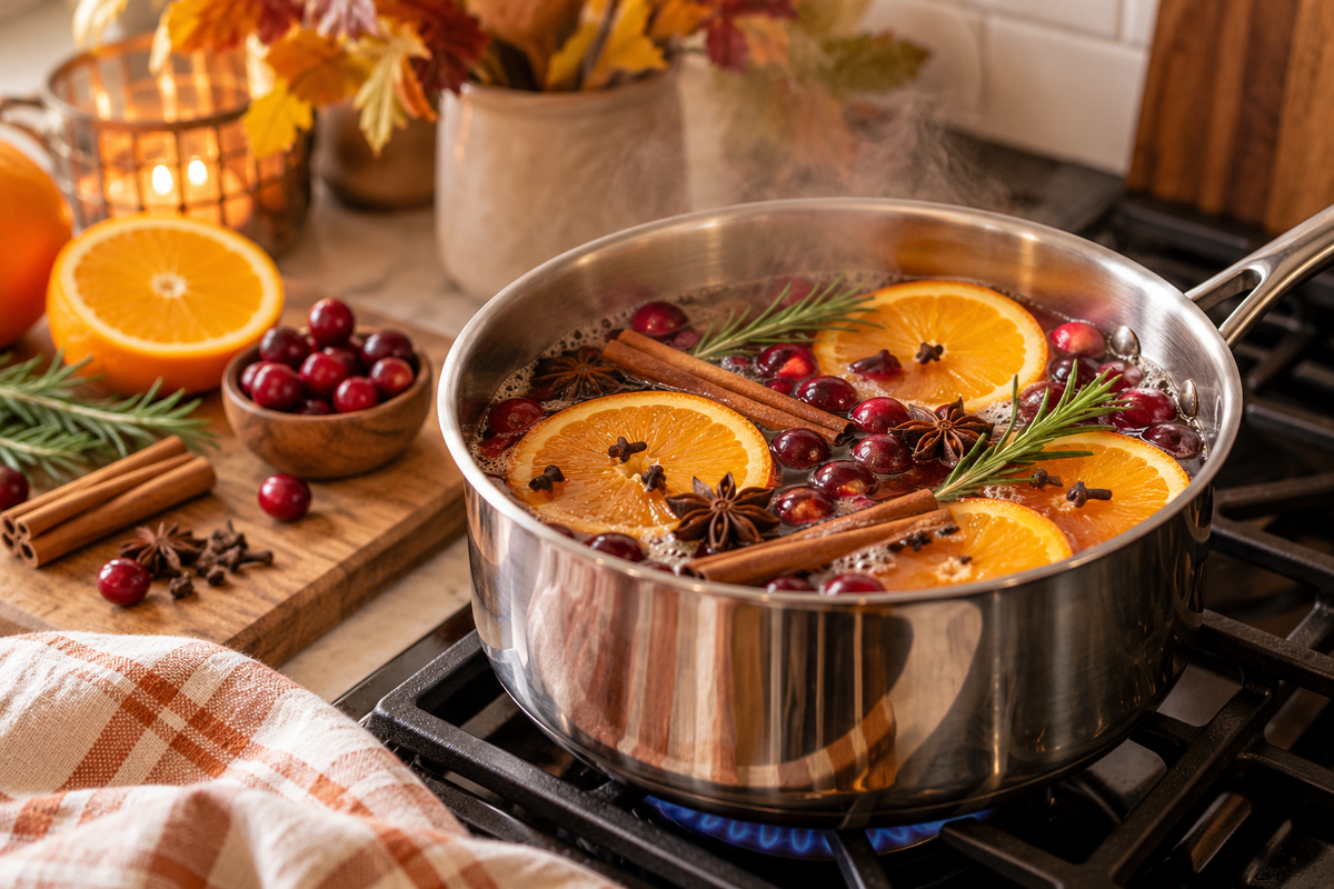 Cozy fall simmer pot with orange slices, cranberries, cinnamon sticks, cloves, star anise, and rosemary simmering on the stovetop.