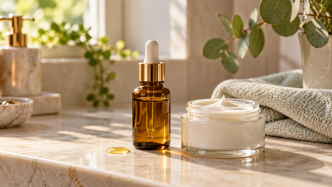 Amber glass facial oil dropper bottle beside an open jar of face moisturizer on a sunlit bathroom countertop with a soft towel and greenery.