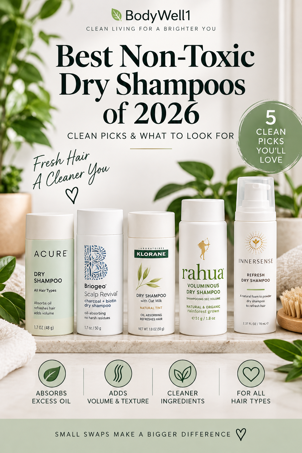 Five non-toxic dry shampoo picks for 2026 from ACURE, Briogeo, Klorane, Rahua, and Innersense displayed with greenery and clean hair care benefits.