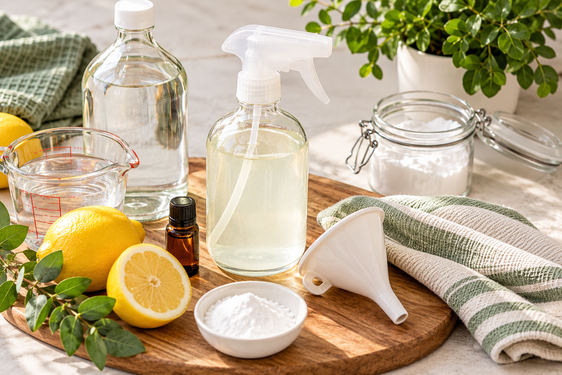 DIY non-toxic all-purpose cleaner ingredients with glass spray bottle, vinegar, lemon, essential oil and cleaning cloths