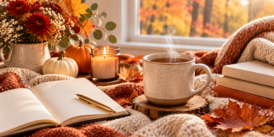 Cozy fall self-care scene with warm tea, an open journal, candle, pumpkins, soft blankets, and colorful autumn leaves.