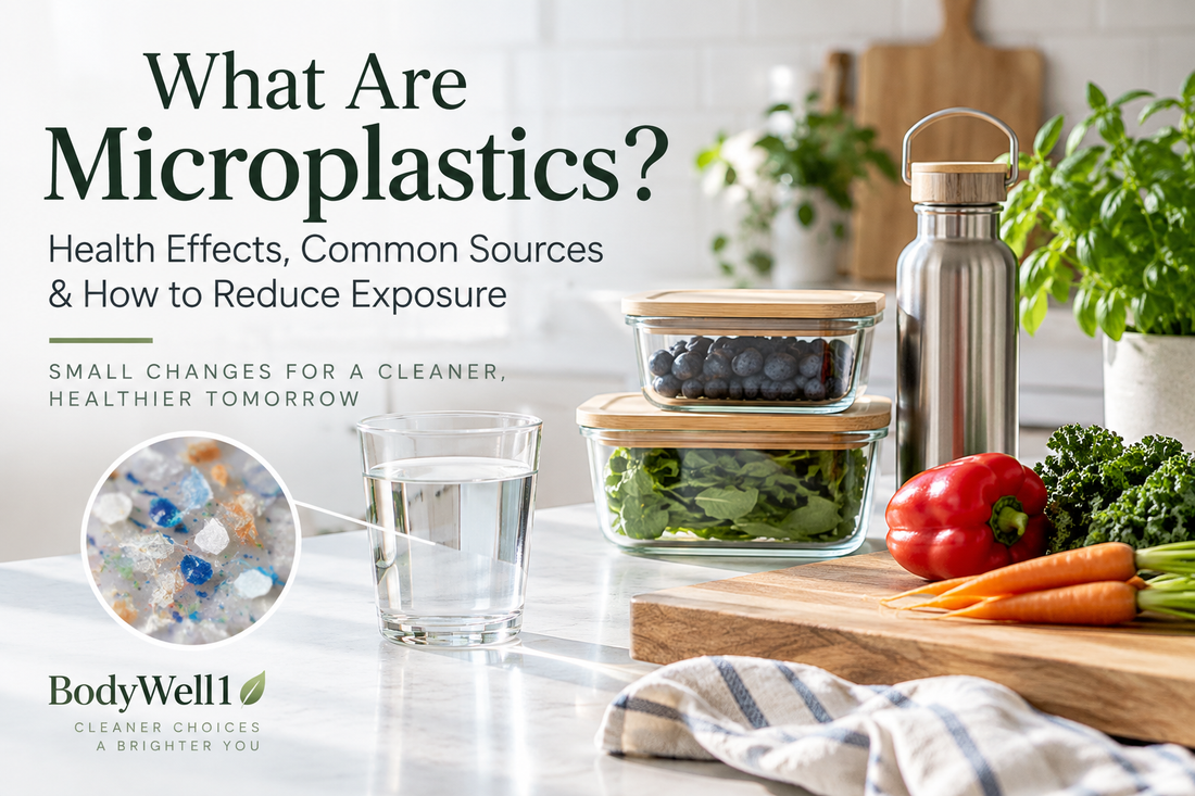 Microplastics guide showing glass food storage, stainless steel water bottle, wood cutting board and common ways to reduce plastic exposure.