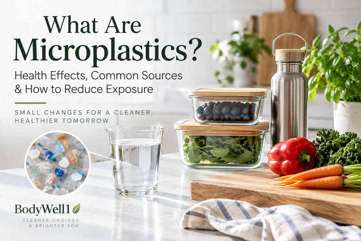 Microplastics guide showing glass food storage, stainless steel water bottle, wood cutting board and common ways to reduce plastic exposure.