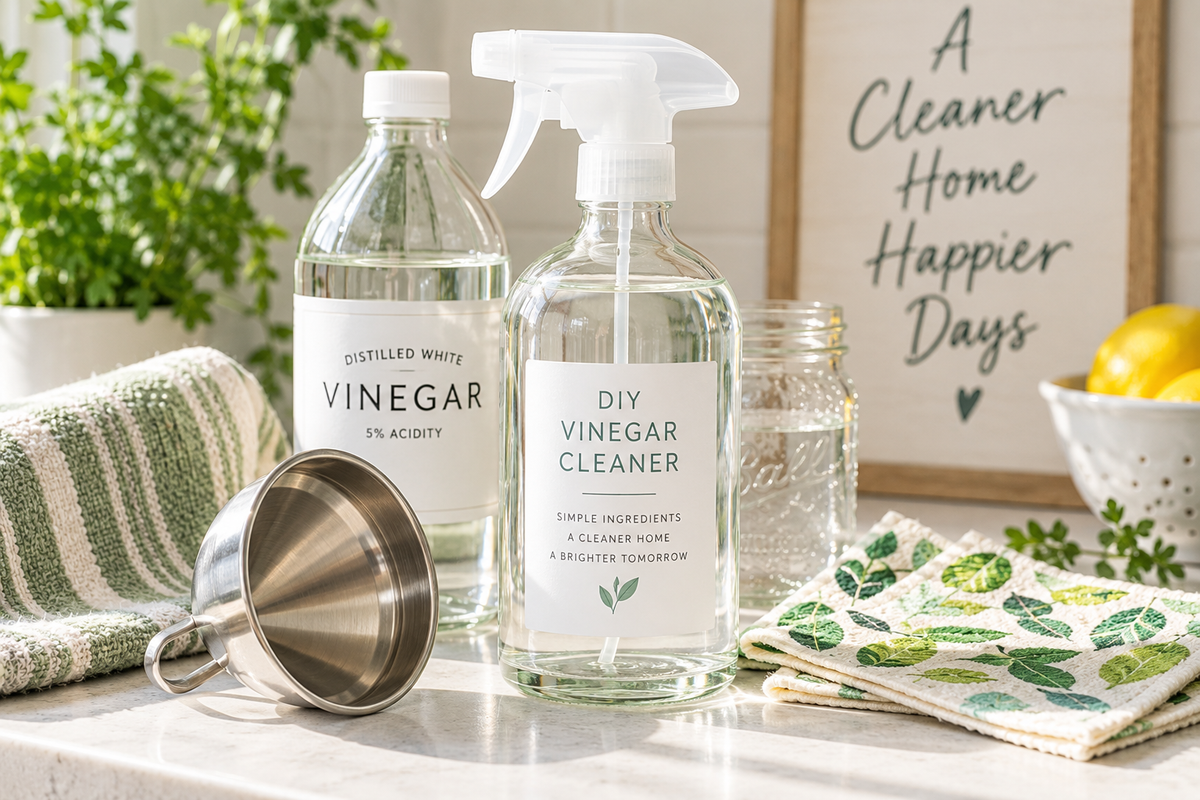 Glass spray bottle labeled DIY Vinegar Cleaner beside distilled white vinegar, a stainless steel funnel, reusable cleaning cloths, and greenery on a bright kitchen counter.