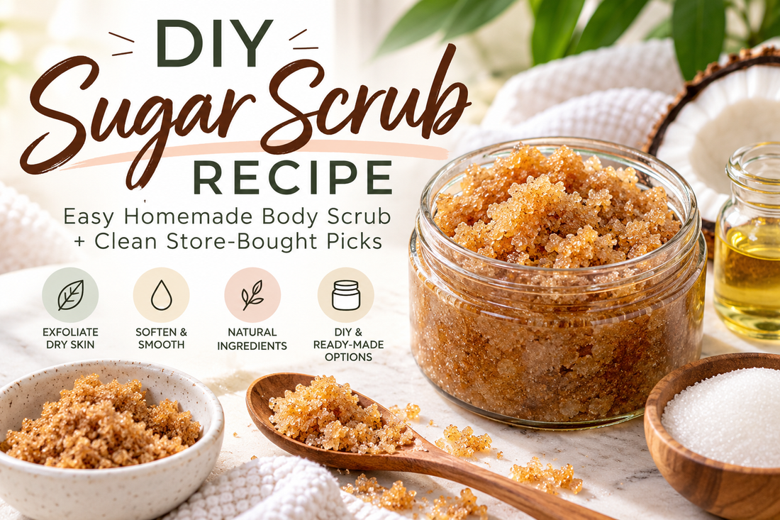DIY sugar scrub recipe with homemade brown sugar body scrub, coconut oil and sugar ingredients, plus clean store-bought body scrub options.