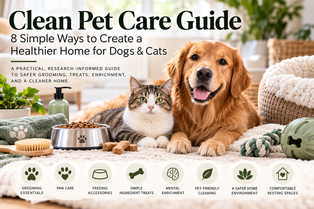 Clean pet care guide featuring a golden retriever and tabby cat in a cozy home with grooming supplies, stainless steel food bowl, toys, and pet bedding.
