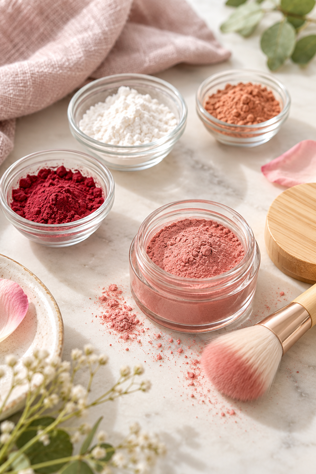Glass bowls of pink, rose, and neutral-colored powders arranged on a light marble surface with a jar of homemade blush, a soft makeup brush, pink linen, and delicate flowers. A natural beauty flat lay illustrating a DIY powder blush recipe.
