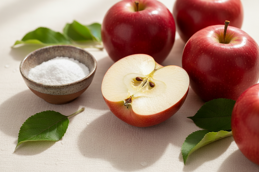 Fresh red apple halved to show the inside, surrounded by whole apples, a small bowl of baking soda, and green leaves on a white background — natural ways to wash and store apples safely