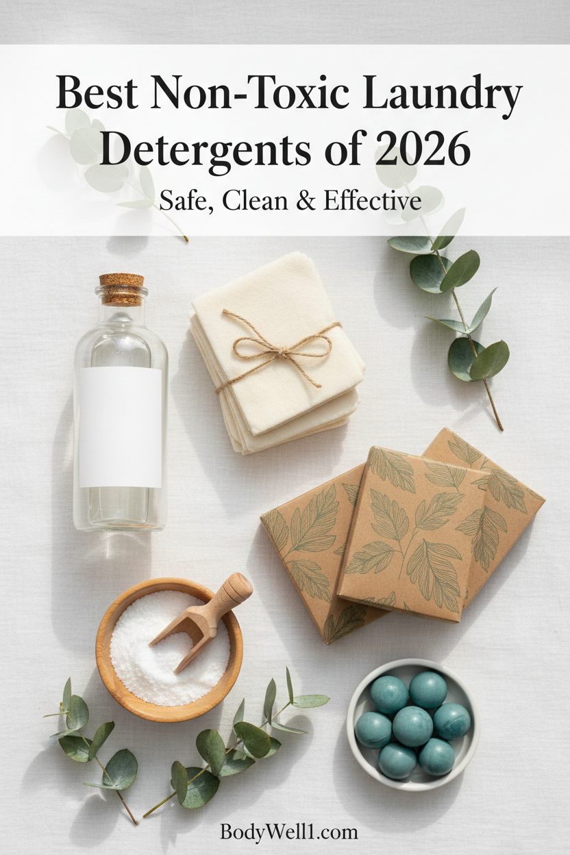 Flat lay of non-toxic laundry products including glass bottle, dryer sheets, powder detergent, and laundry pods with eucalyptus on white surface — Best Non-Toxic Laundry Detergents of 2026, BodyWell1.com