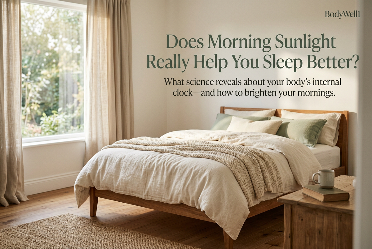Peaceful bedroom with cream bedding, sage accents and morning sunlight, with a headline asking whether morning sunlight helps sleep.