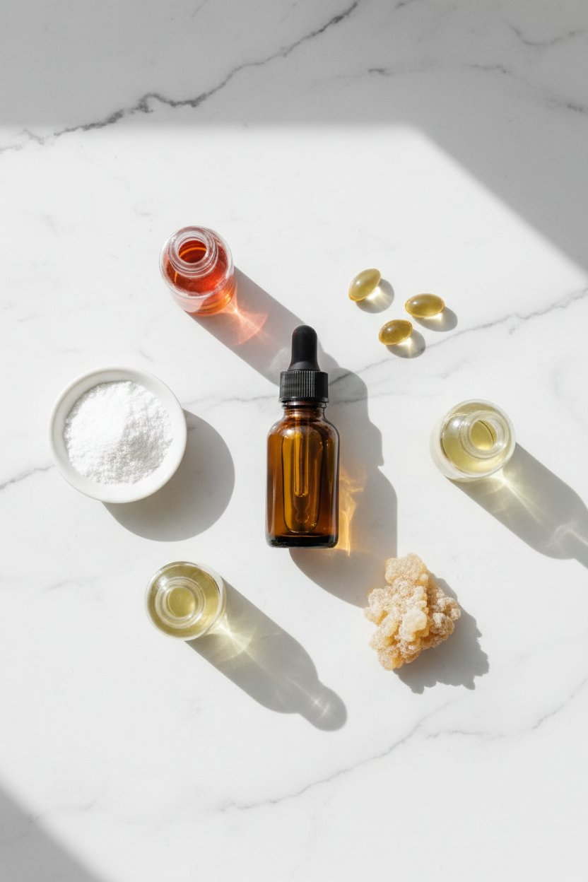 Flat-lay of DIY facial serum ingredients including an amber glass dropper bottle, rosehip seed oil, hyaluronic acid powder, bakuchiol oil, vitamin E capsules, and frankincense resin on a white marble surface