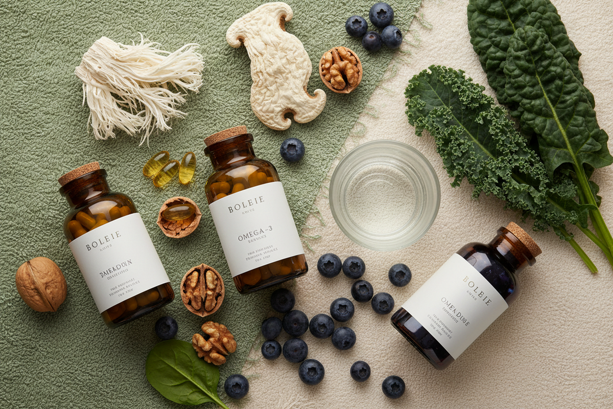 Flat lay of clean brain health supplements — lion's mane mushroom, omega-3 fish oil, supplement bottles, walnuts, blueberries, and leafy greens on a soft sage green and cream background — BodyWell1.com