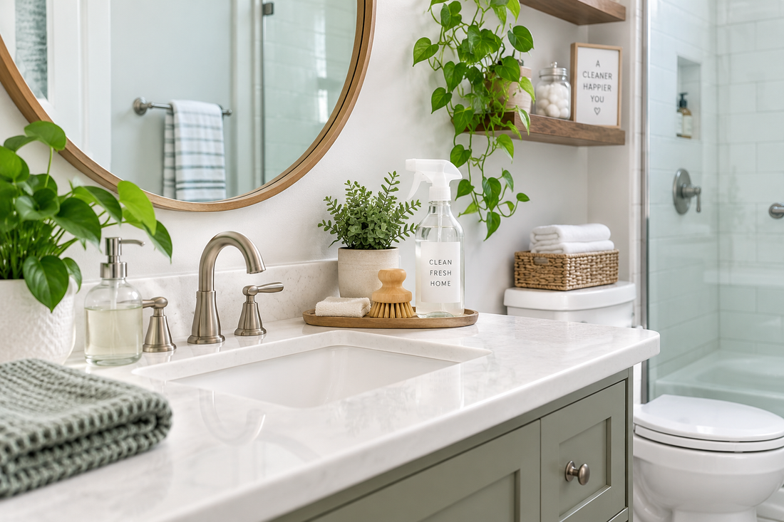 Bright, clean bathroom with a white vanity, glass shower, green plants, folded towels, and cleaner-inspired bathroom products.