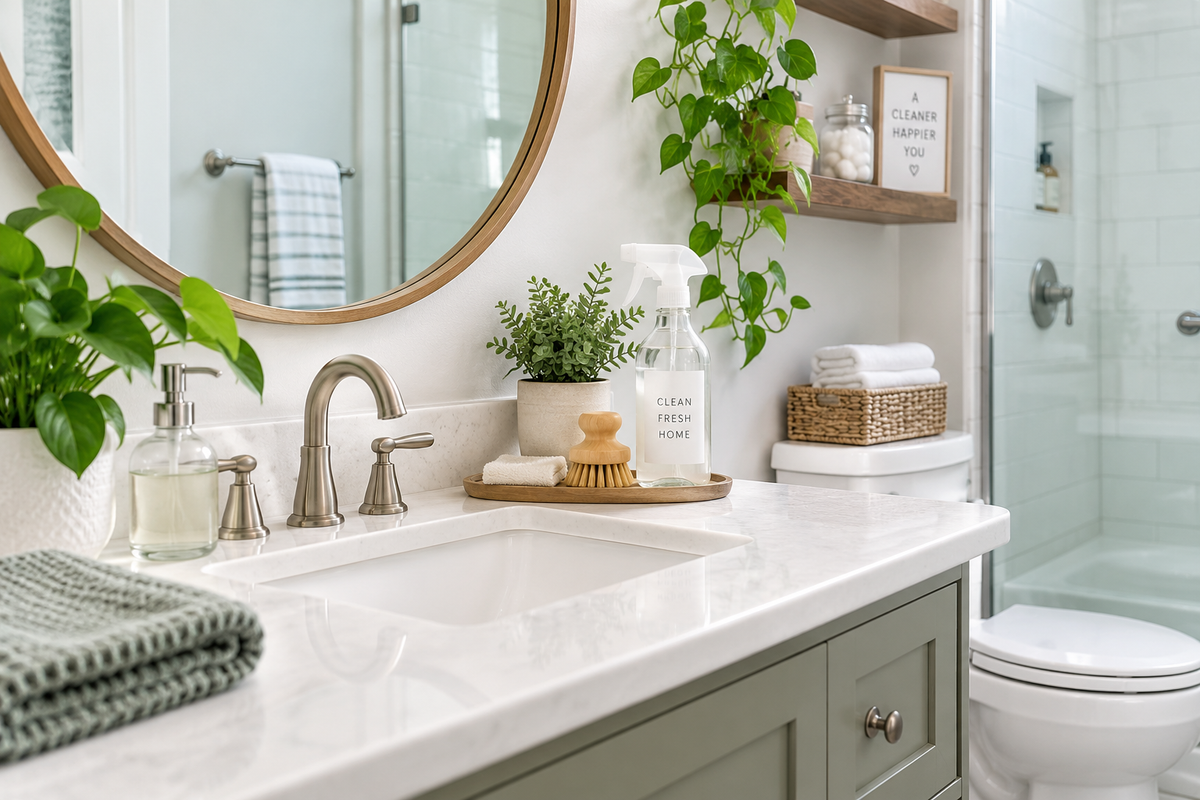 Bright, clean bathroom with a white vanity, glass shower, green plants, folded towels, and cleaner-inspired bathroom products.