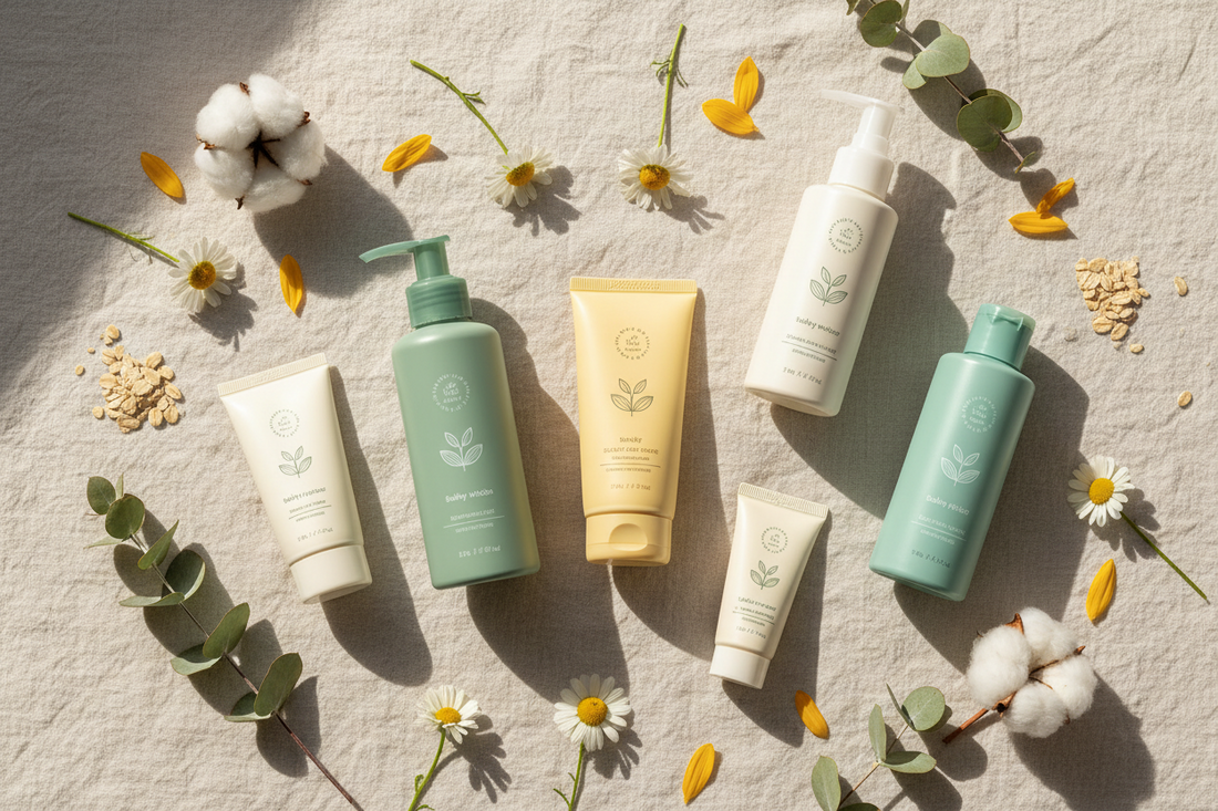 Five clean non-toxic baby products arranged in a flat lay with chamomile flowers, sunflower petals, and green botanicals on white linen