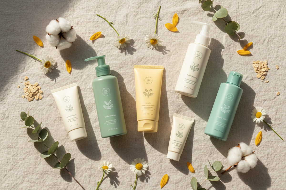 Five clean non-toxic baby products arranged in a flat lay with chamomile flowers, sunflower petals, and green botanicals on white linen
