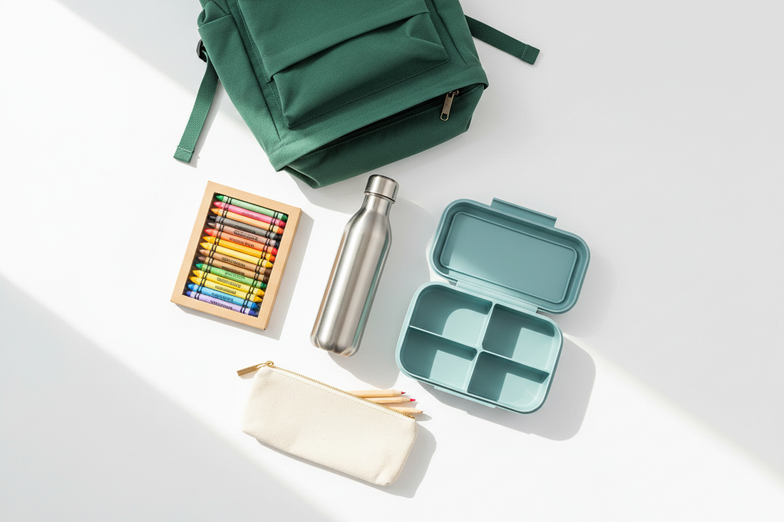 Clean back-to-school flat lay with stainless steel water bottle, beeswax crayons, canvas pencil case, bento lunch box, and green backpack on white background — non-toxic school supplies guide at BodyWell1.com