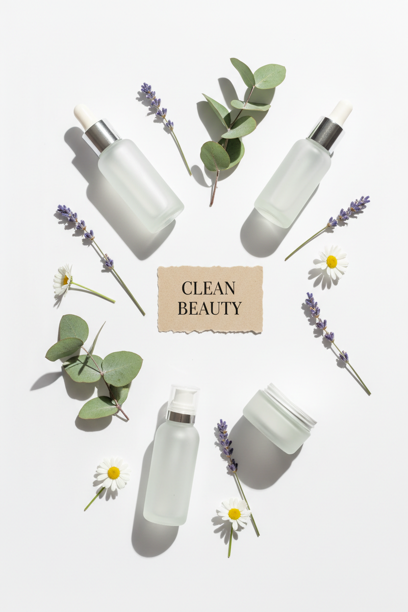 Here's your alt text — ready to copy:  **Alt text:** `Clean beauty flat lay with frosted glass skincare bottles, eucalyptus leaves, lavender sprigs, and white daisy flowers on a white background — guide to toxic ingredients in personal care products`