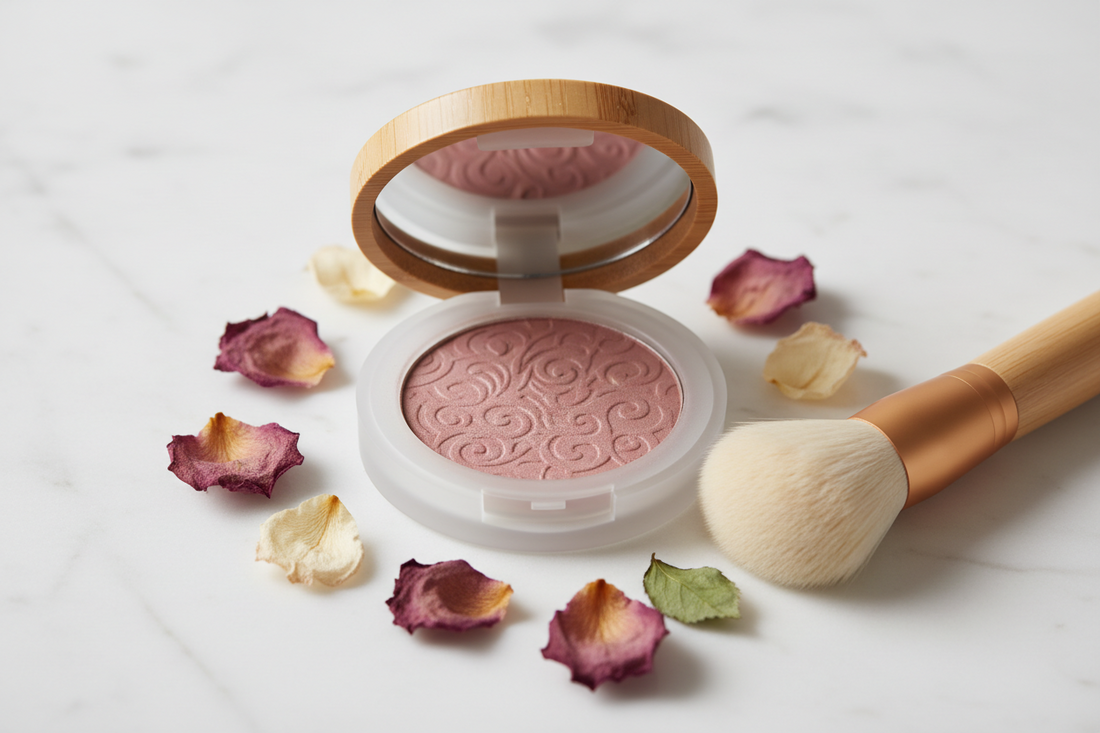Open rose-mauve powder blush compact with a soft makeup brush and dried rose petals on a white background — clean non-toxic blush guide at BodyWell1.com