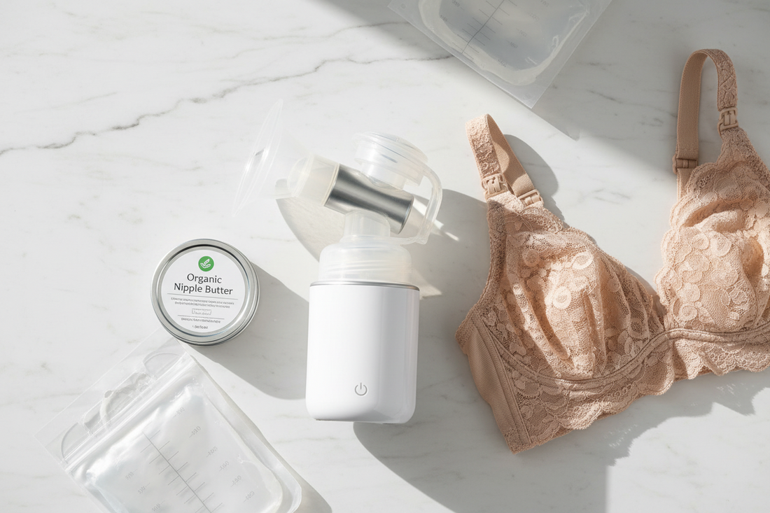 Flat lay of clean breastfeeding essentials on a white marble surface, including a breast pump bottle, organic nipple butter tin, nude lace nursing bra, and milk storage bags.