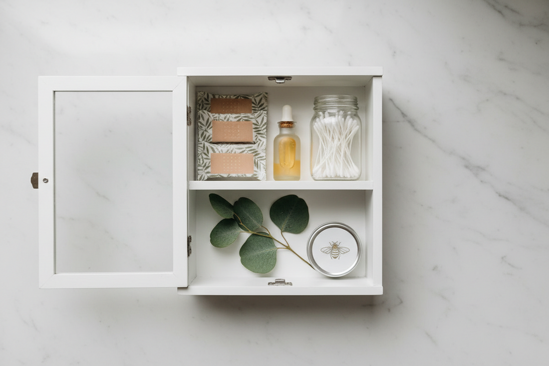 Flat-lay of clean medicine cabinet essentials including organic bamboo bandages, an amber glass dropper bottle, organic cotton swabs in a glass jar, a natural balm tin, and green botanicals on white marble