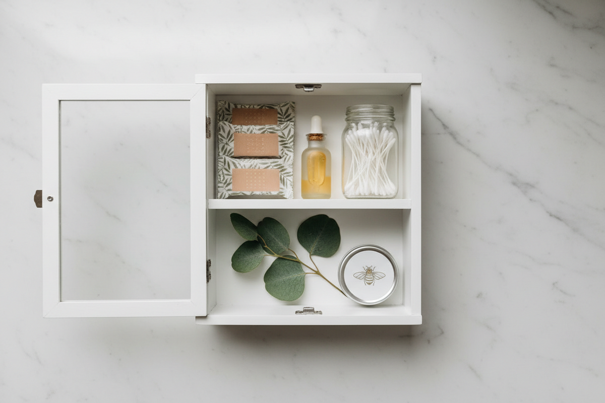 Flat-lay of clean medicine cabinet essentials including organic bamboo bandages, an amber glass dropper bottle, organic cotton swabs in a glass jar, a natural balm tin, and green botanicals on white marble