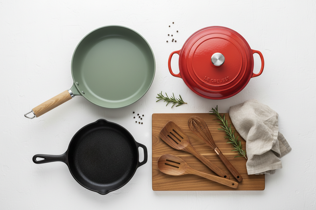 Flat lay of non-toxic cookware on white background — sage green ceramic pan, red Le Creuset Dutch oven, cast iron skillet, teak wood cutting board and utensils