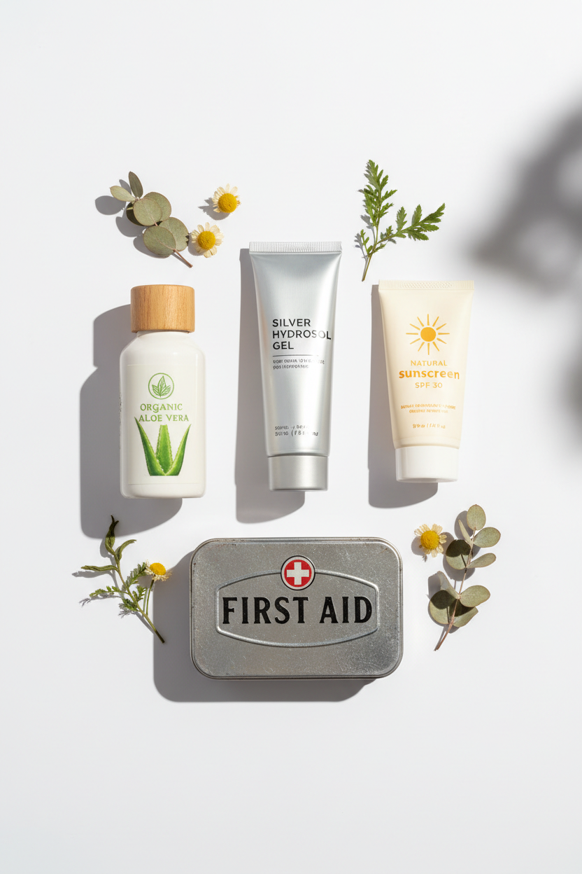 Flat lay of clean, non-toxic first aid essentials on a white background, including natural wound care, organic aloe vera, and mineral sunscreen, styled with botanical accents.