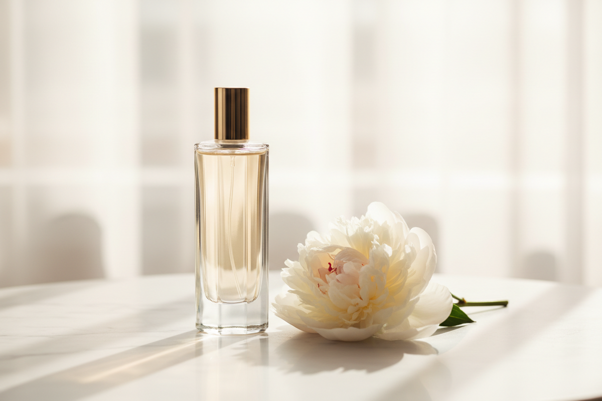 Elegant clear glass perfume bottle on white marble with a white peony bloom and warm golden light — clean luxury fragrance editorial, BodyWell1