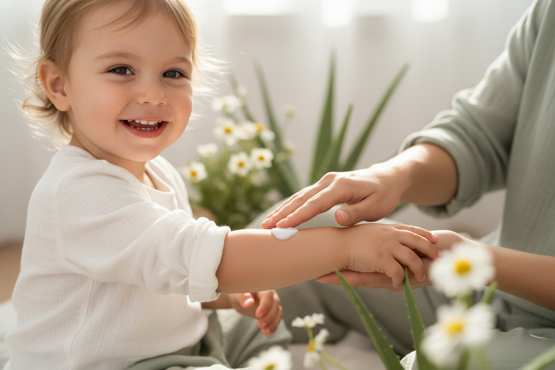 Parent gently applying clean non-toxic lotion to a young child's arm in warm natural light with chamomile and aloe botanicals — safe kids skincare guide by BodyWell1`