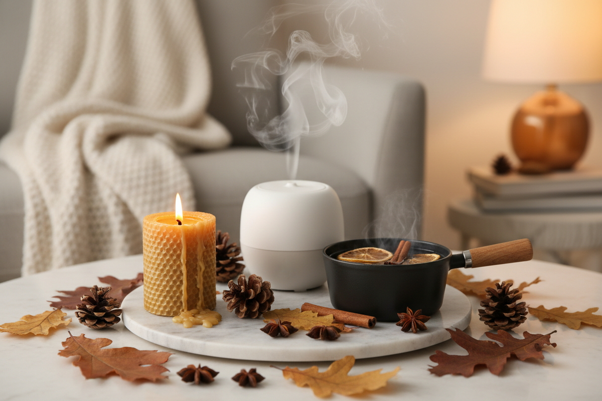 Cozy fall home fragrance vignette — lit beeswax candle, ceramic essential oil diffuser with mist, and simmering pot with cinnamon sticks and orange slices on a marble tray with pine cones and autumn leaves — BodyWell1.com