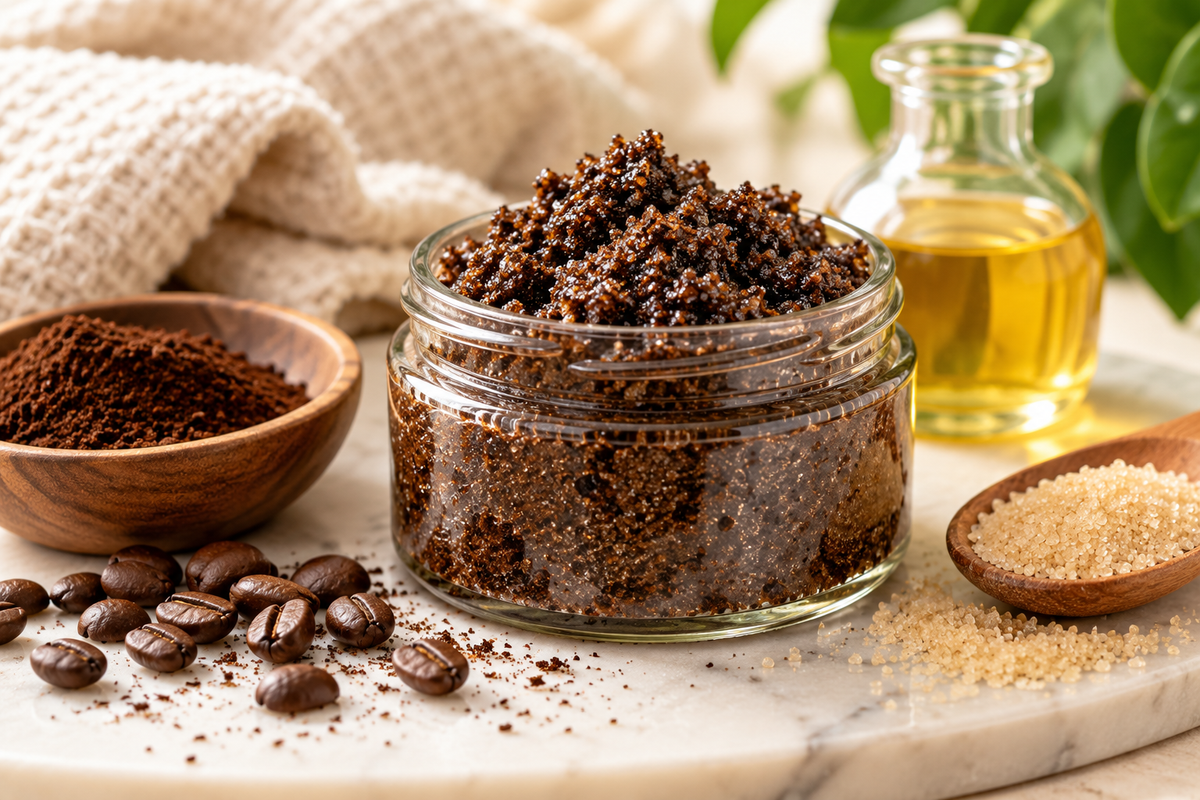 Homemade DIY coffee body scrub in a glass jar, surrounded by ground coffee, sugar, coffee beans, and natural oil for an easy three-ingredient skincare recipe.
