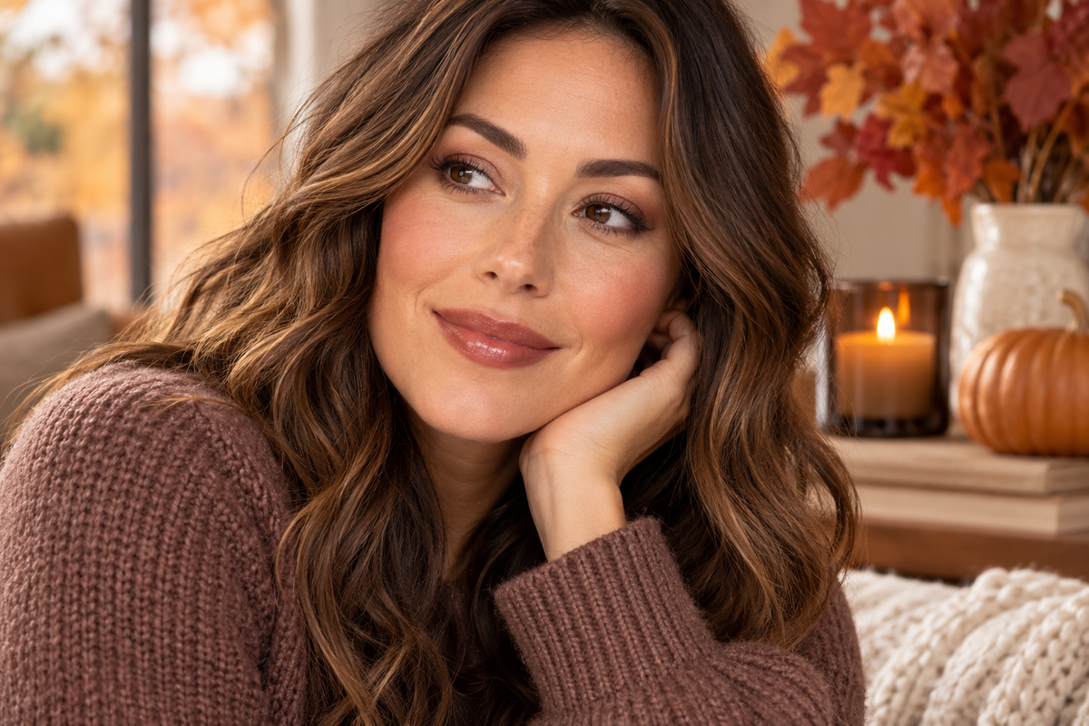 Woman wearing a soft fall makeup look with warm neutral eyes, mauve cheeks and a cocoa-toned lip in a cozy autumn setting.