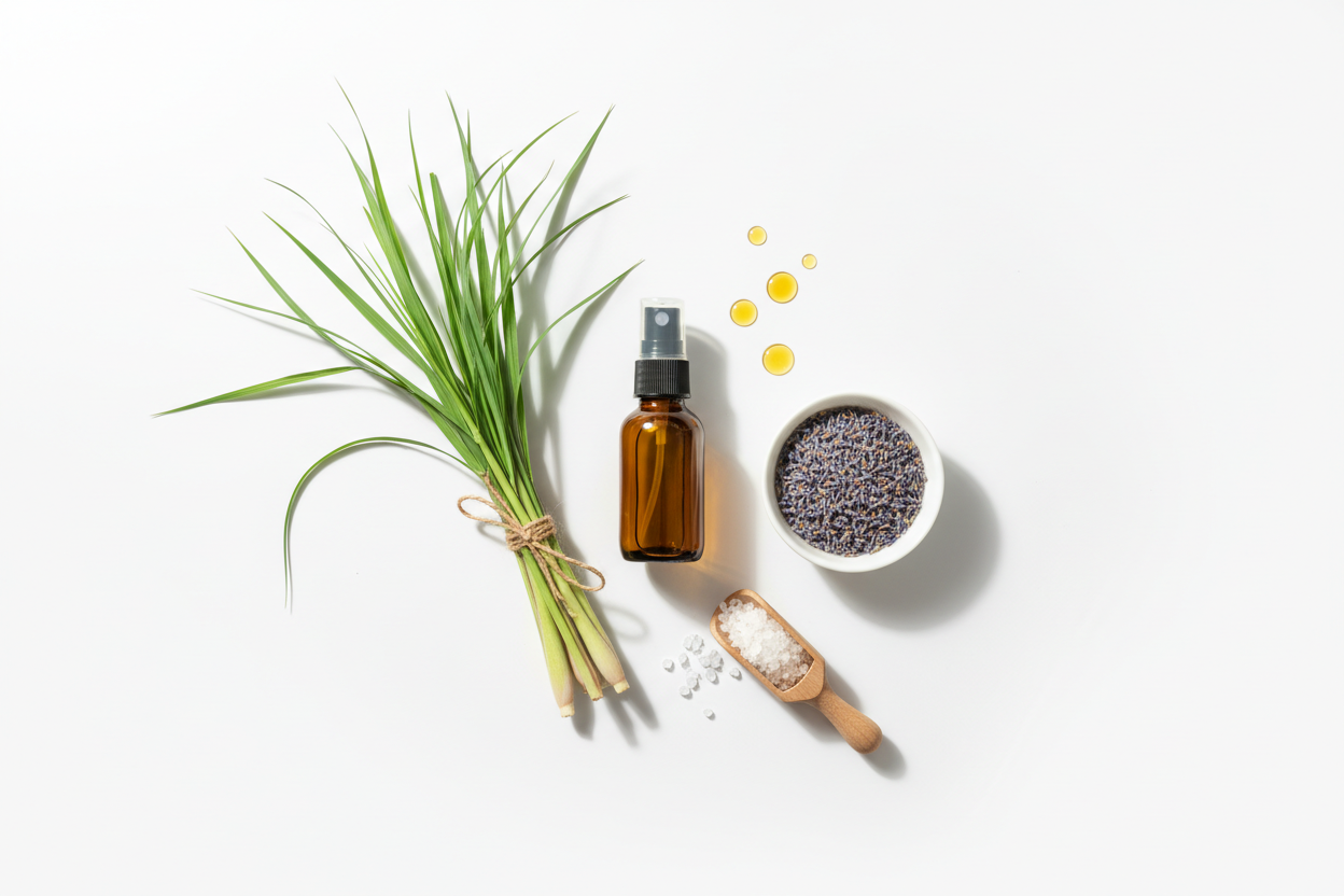 Flat lay of natural DIY bug repellent ingredients — amber glass spray bottle, fresh citronella and lemongrass stems, dried lavender, and essential oils on a clean white surface