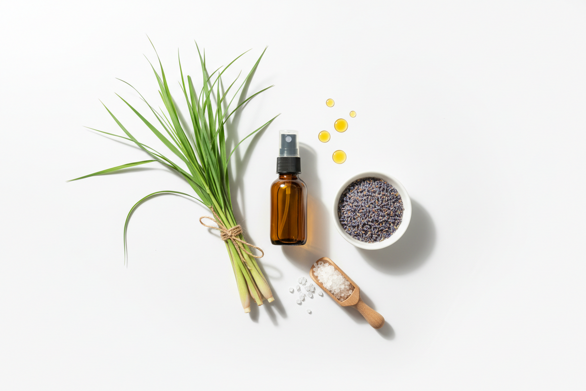 Flat lay of natural DIY bug repellent ingredients — amber glass spray bottle, fresh citronella and lemongrass stems, dried lavender, and essential oils on a clean white surface