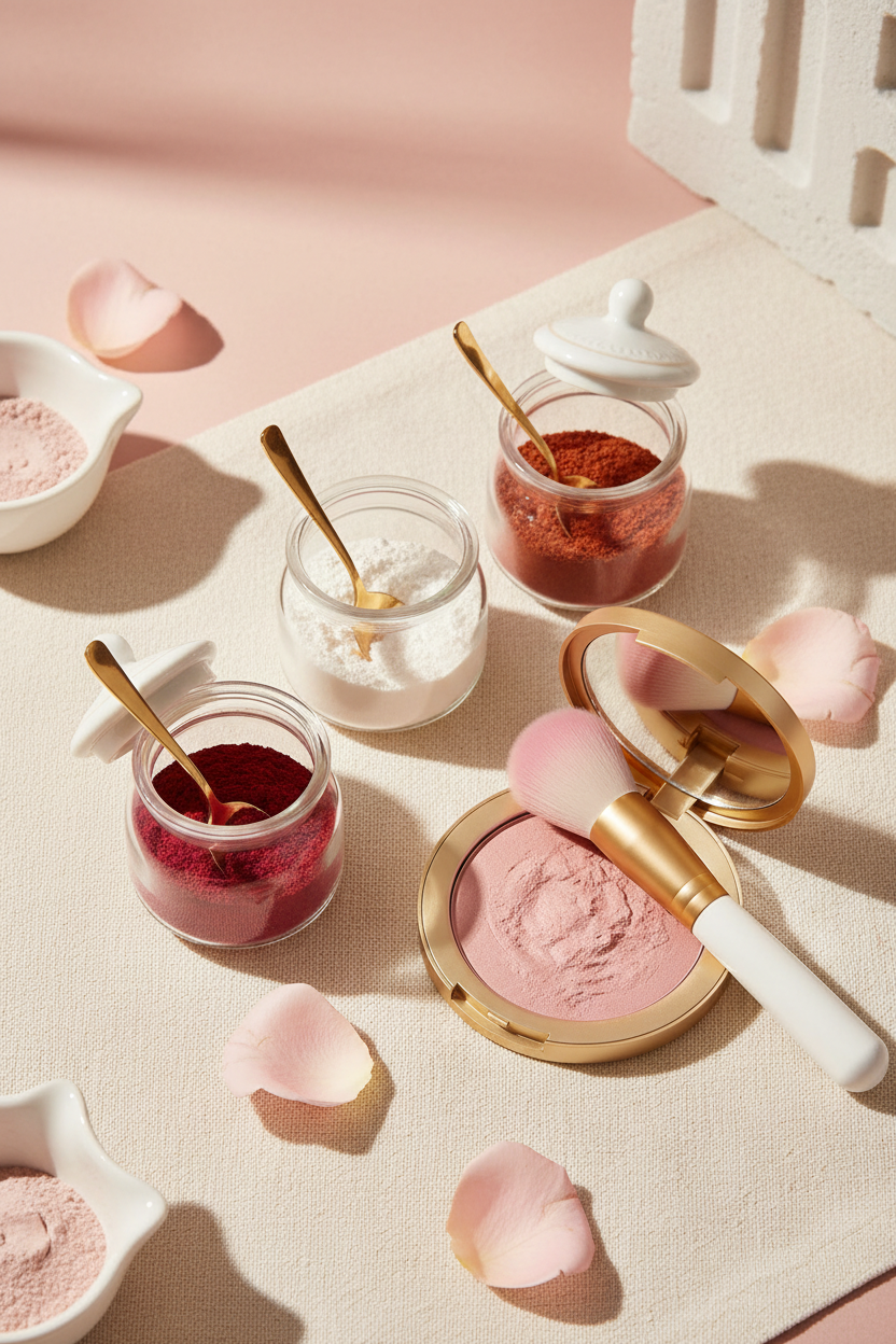 Flat lay of DIY clean blush ingredients — beetroot powder, arrowroot powder, and rose hip powder in glass jars with gold spoons, an open pink powder compact, and fresh rose petals on a soft blush pink background — BodyWell1.com